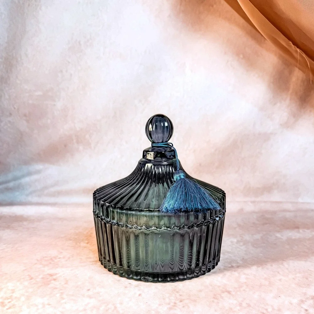 Blue Green Ribbed Glass Lidded Dish